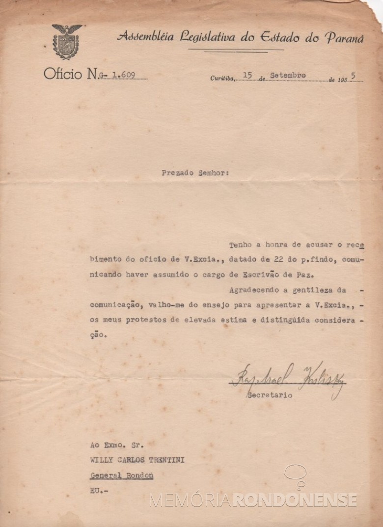 Cópia da correspondência da Assembleia Legislativa do Estado do Paraná onde agradece  a comunicação de posse como cartorário em General Rondon. 
