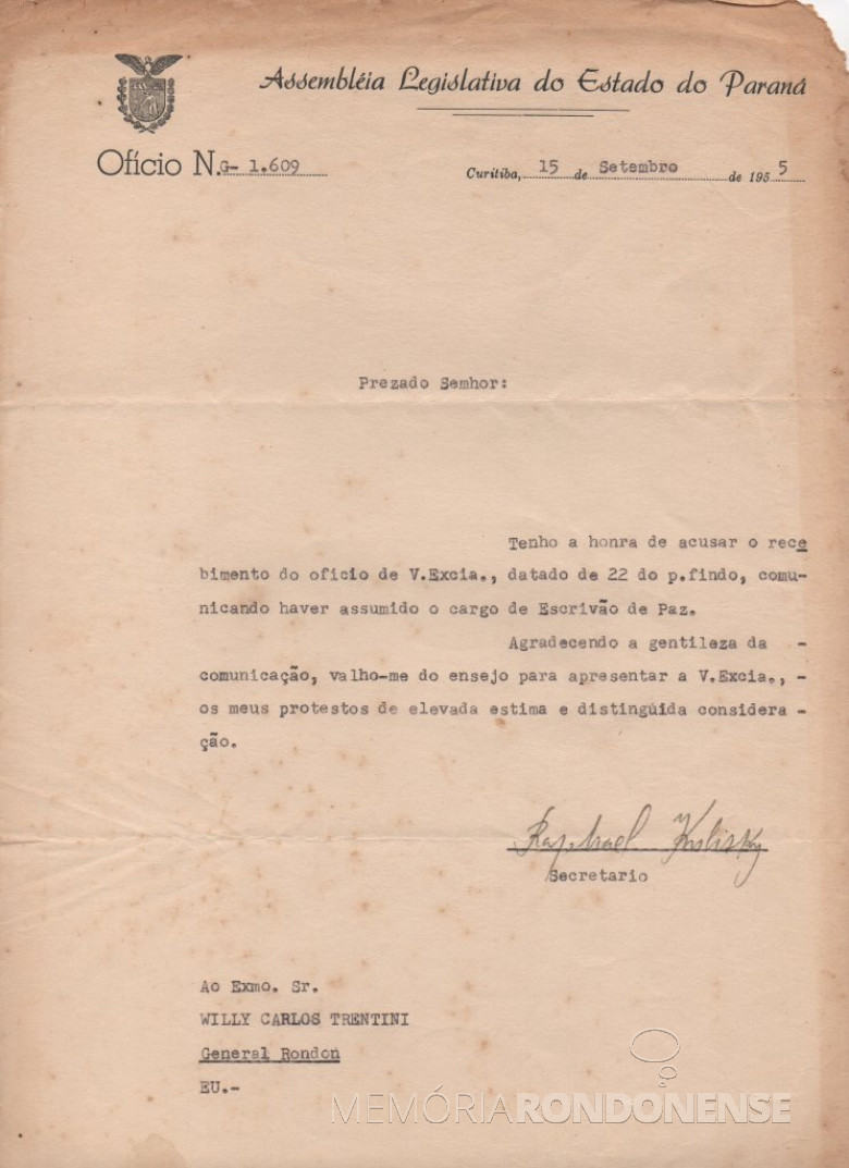 Cópia da correspondência da Assembleia Legislativa do Estado do Paraná onde agradece a comunicação de posse como cartorário em General Rondon.