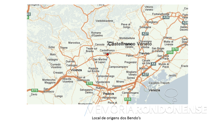 Mapa de região do Vênito, com a localização da cidade Castelfranco, cidade originária dos Bendo. 