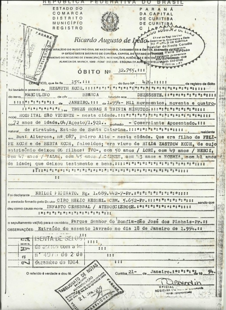 Certidão de óbito do pioneiro rondonense Helmuth Koch, no dia 17 de janeiro de 1994, em Curitiba. 
Imagem: Acervo Clélia Regina Ritter 