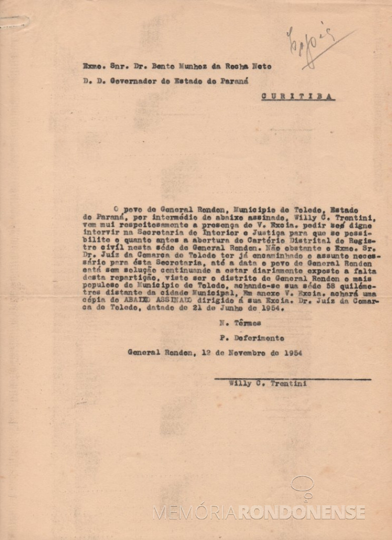 Cópia de requerimento ao governador do Paraná, Bento Munhoz da Rocha Neto, reiterando a abertura do Cartório de Registro Civil na sede distrital de General Rondon.