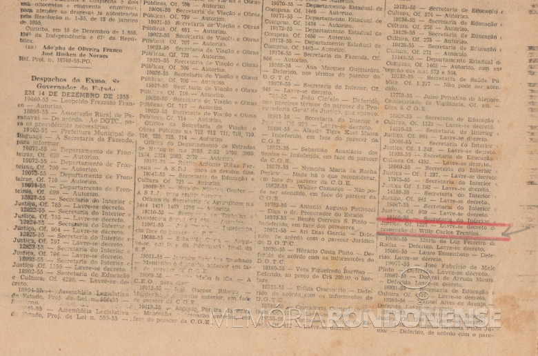 Publicação no Diário oficial do ato autorizatório do governador do Estado do Paraná para ser nomeado Willy Carlos Trentini para cartorário em General Rondon.
