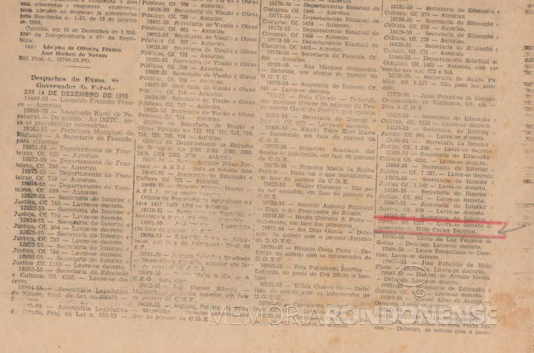 Publicação no Diário oficial do ato autorizatório do governador do Estado do Paraná para ser nomeado Willy Carlos Trentini para cartorário em General Rondon. 