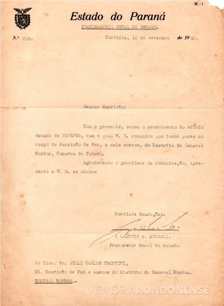 Cópia do ofício da Procuradoria Geral do Estado agradecendo a Willy Carlos Trentini a comunicação de sua posse como Escrivão de Paz do então distrito de General Rondon.