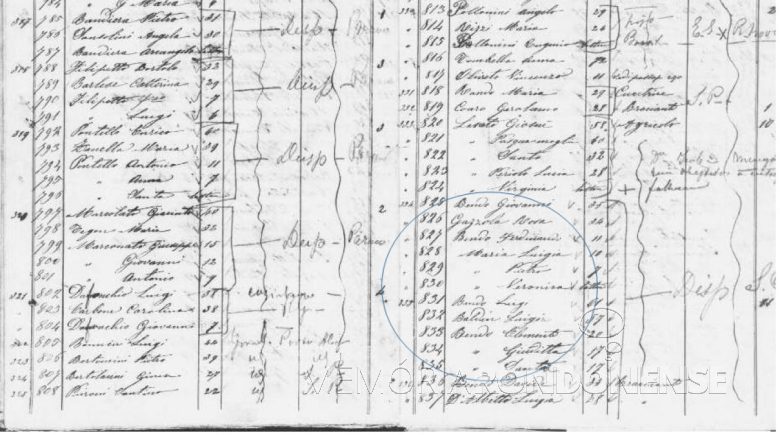 Lista parcial dos passageiros do navio Kronprinz  Wilhelm Friedrich.
 No destaque, Giovani Bendo e seus familiares.