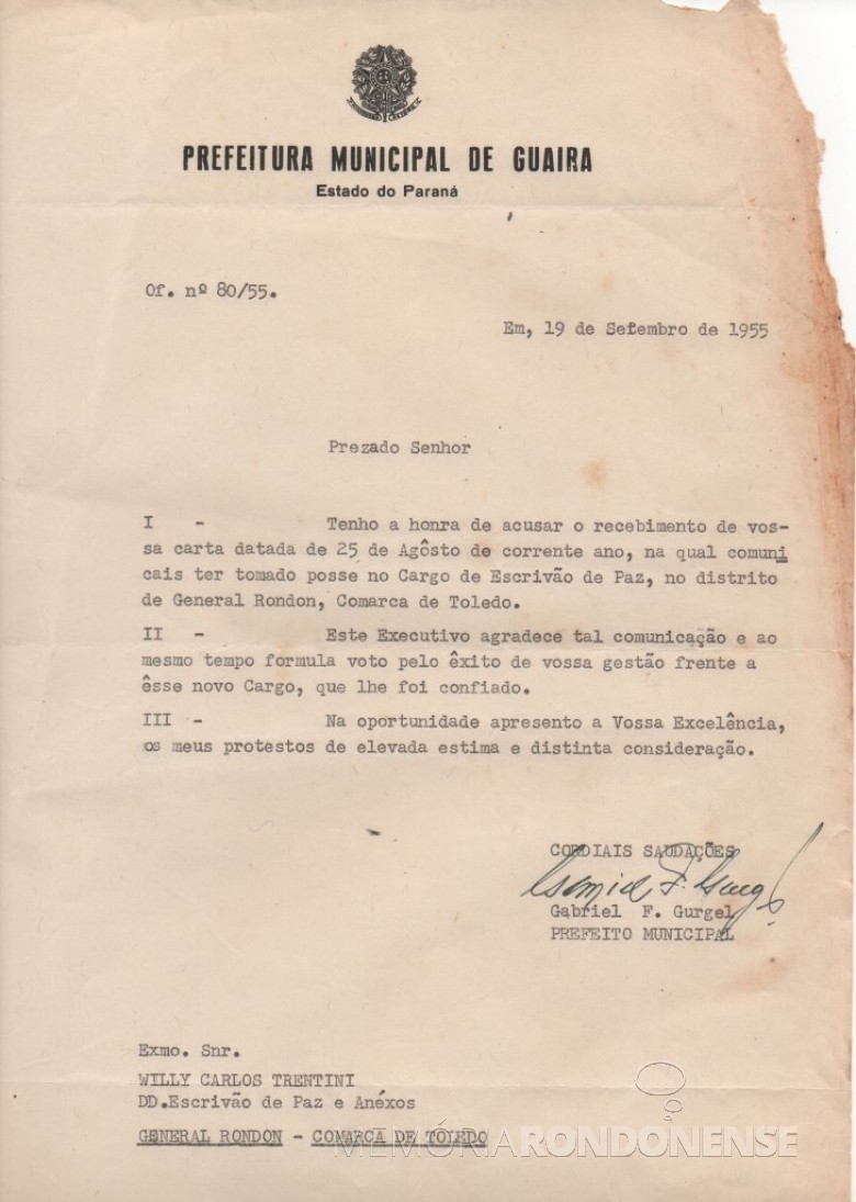 Cópia da correspondência do Prefeito Municipal de Guaíra onde agradece  a comunicação de posse como cartorário em General Rondon. 