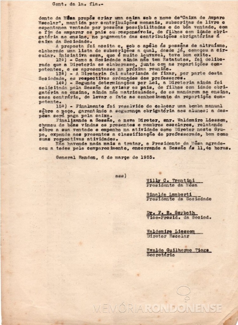 Continuação e final da ata da Assembleia Geral ordinária da então Sociedade Escolar de General Rondon, realizada em 06 de março de 1955. 
