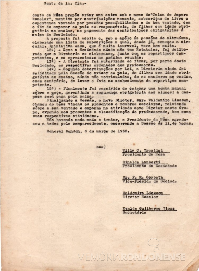 Continuação e final da ata da Assembleia Geral ordinária da então Sociedade Escolar de General Rondon, realizada em 06 de março de 1955.