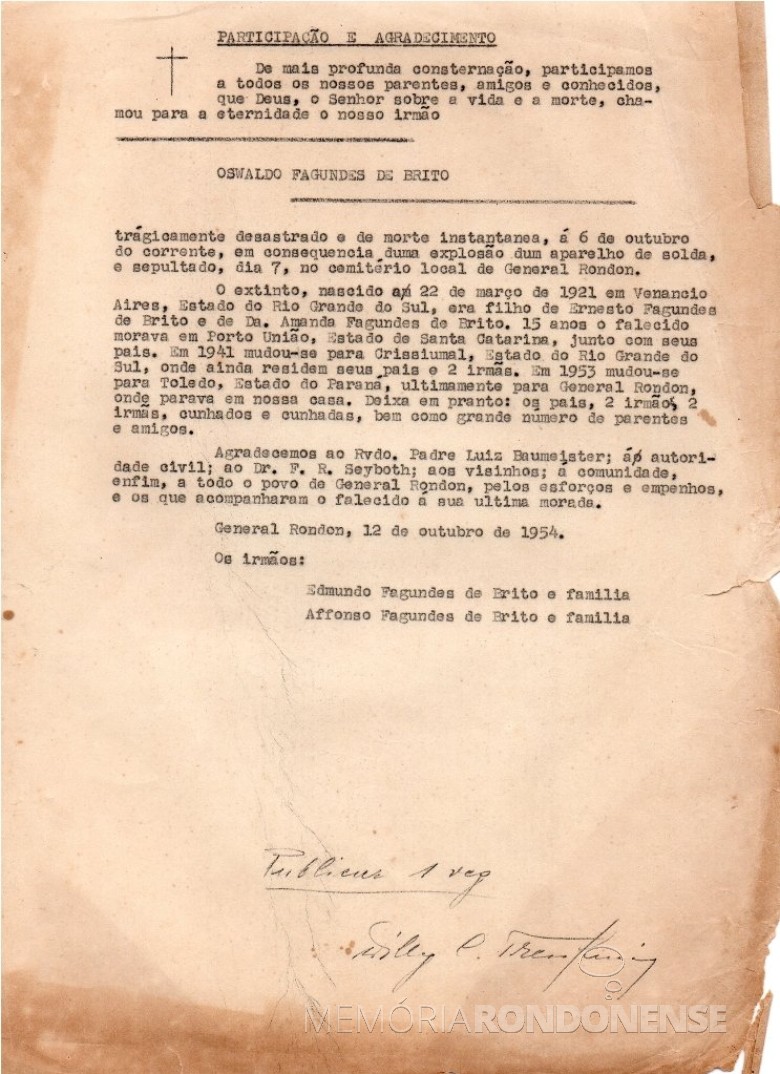 Nota de participação de falecimento do pioneiro Oswaldo Fagundes de Brito preparada pelo correspondente Willy Carlos Trentini para ser publicado no então jornal 