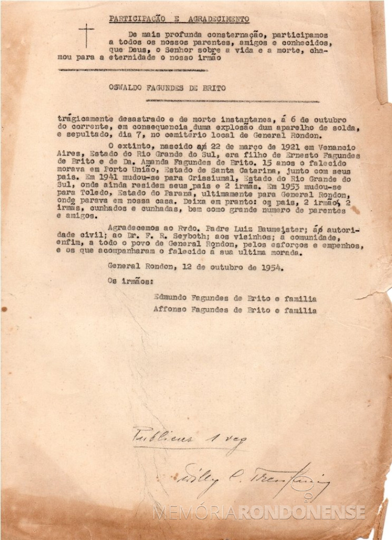 Nota de participação de falecimento do pioneiro Oswaldo Fagundes de Brito preparada pelo correspondente Willy Carlos Trentini para ser publicado no então jornal