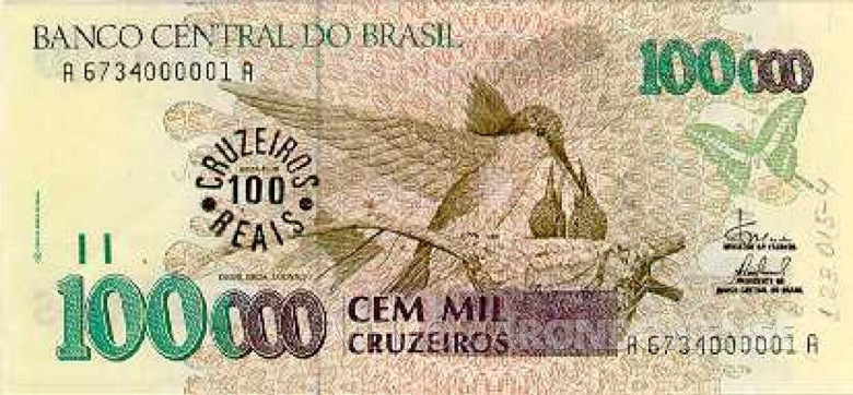 Anverso da cédula de  100 000 mil cruzeiros.