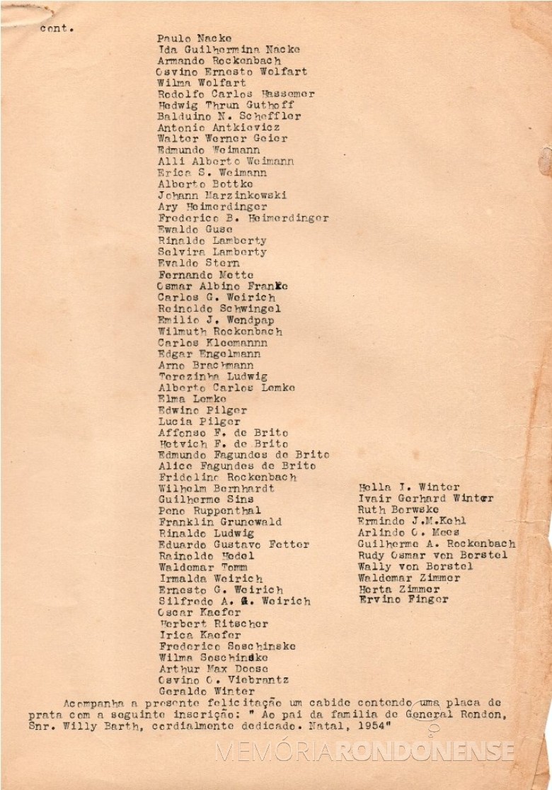 Última folha com nomes de pioneiros rondonenses enviado mensagem pelo Natal e Ano Novo de 1955 ao senhor Willy Barth. 
