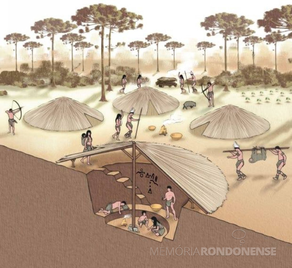 Composição artística de uma aldeia de casas subterrâneas da cultura Kaingang, de tradição Taquara na região do Rio Grande do Sul, Brasil. Ilustração de Luciano Veronezi.
Imagem: Acervo do Centro de Estudios Arqueológicos e Históricos del Paraguay - CEAHP.