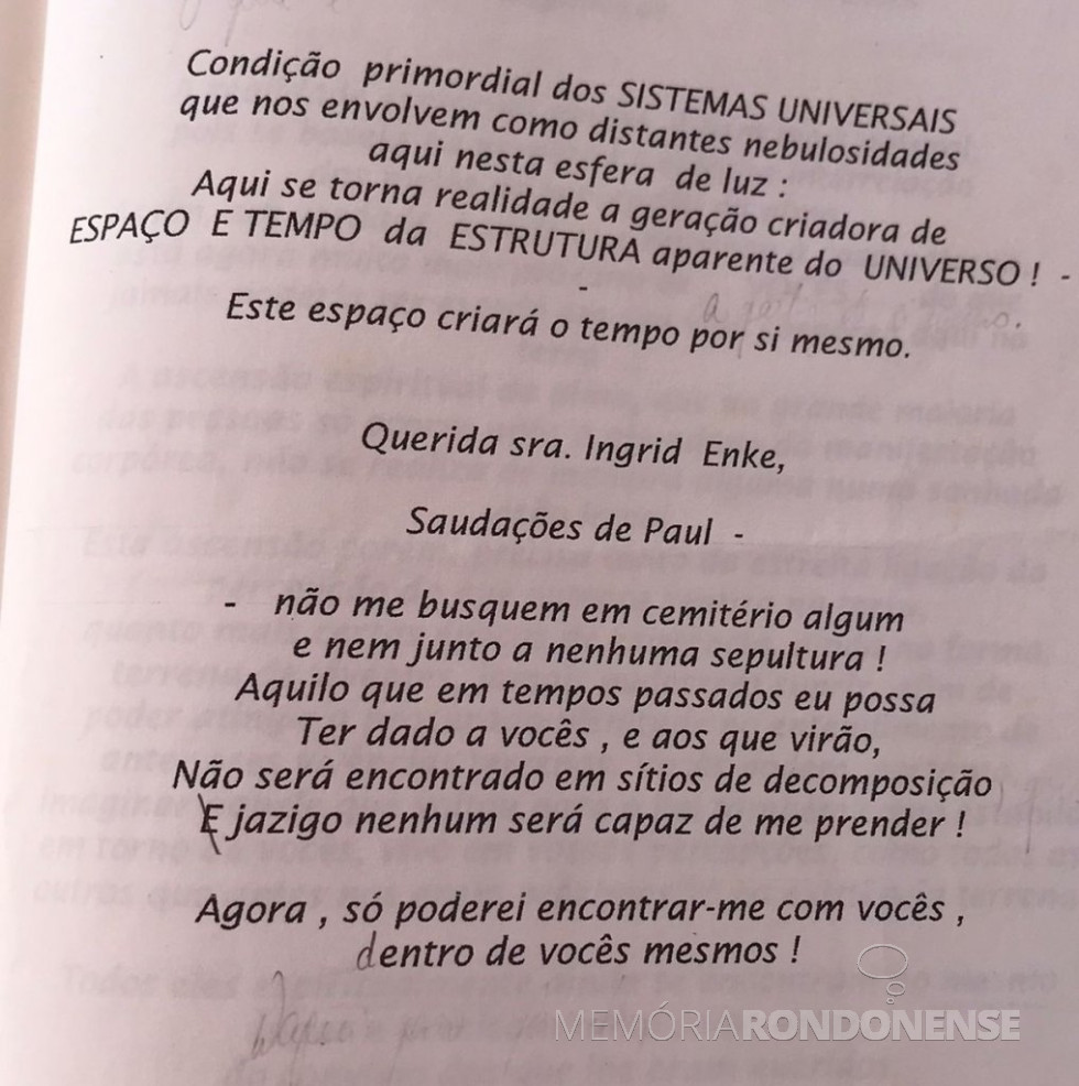 || 1ª parte da mensagem de Paul Enke para sua esposa Ingrid psicografada por Jürgen Henry Sauk.
Imagem: Acefvo Barbara Enke.