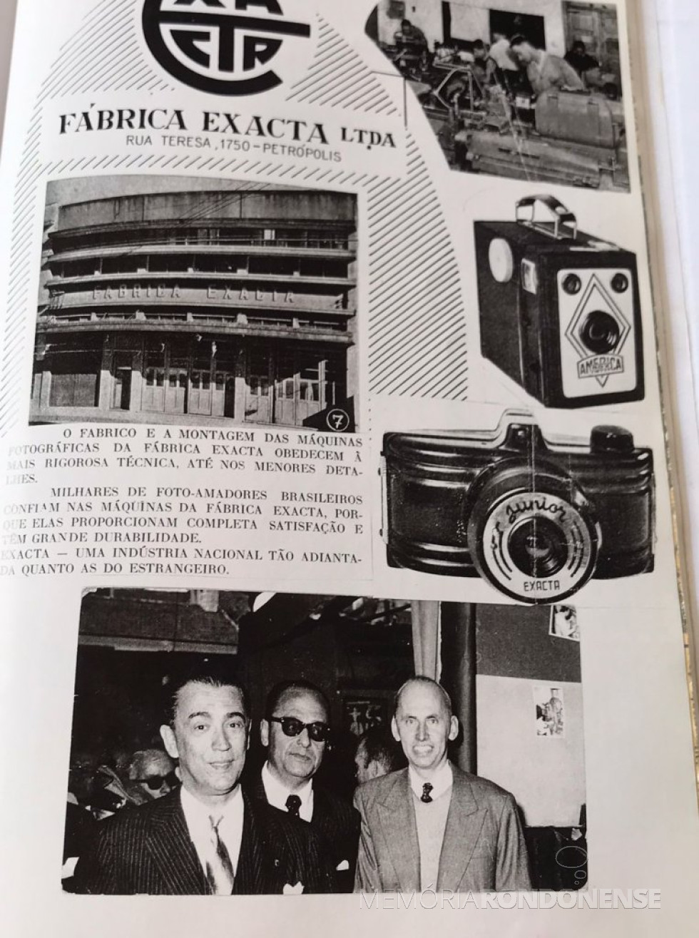 || Anúnicio publicitário da fábrica de máquinas fotográficas Exacta instalada pelo imigrante alemão Paul Enke, solenidade que contou com a presença do presidente da República Juscelino Kubitscheck.
Imagem: Acervo Barbara Enke (Curitiba)