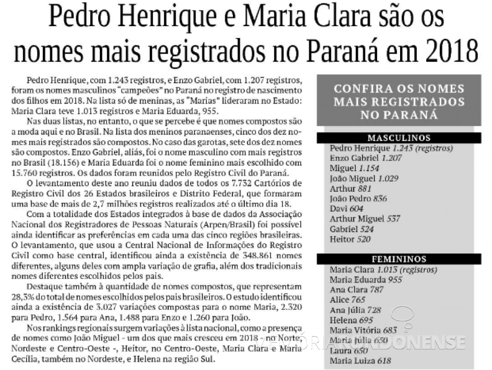|| Recorte do jornal O Presente com destaque para os nomes mais usados pelos pais do Paraná para registrarem seus filhos em 2018. - FOTO 20 - 
