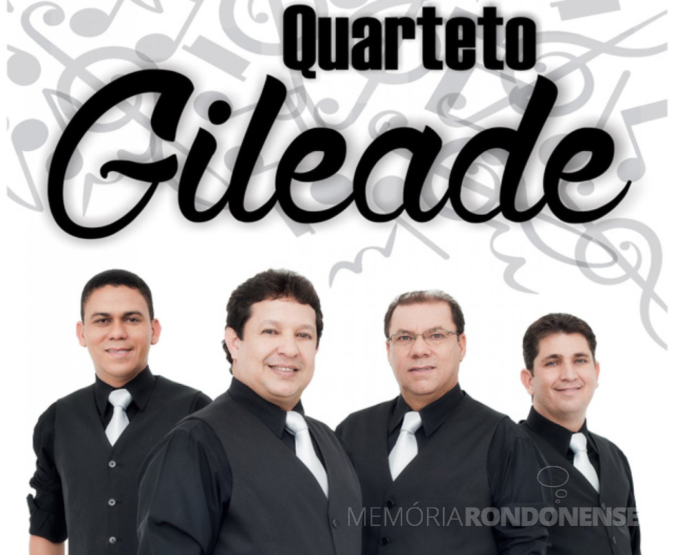 || Componentes do Quarteto Gileade: Jabes Rosa, Marcos Rosa, Nivaldo Silva e Aluísio Júnior, que apresentou-se em Marechal Cândido Rondon em setembro de 2017.
O grupo vocal surgiu na cidade goiana de Rio Verde, junto à Igreja Assembleia de Deus.
Imagem: Acervo PM - Santa Rosa, RS - FOTO 9 -