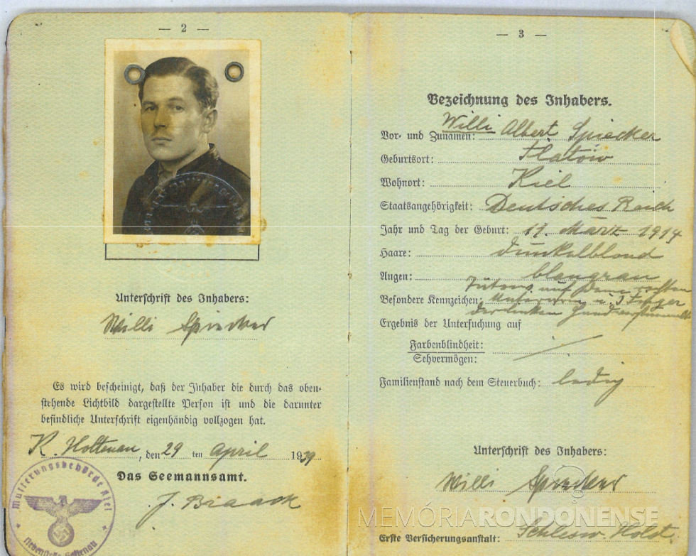 || Passaporte de Willy Albert Spiecker com a sua identificação. 
Imagem:  Acervo de documentos de Margarida Spiecker - FOTO 14 - 