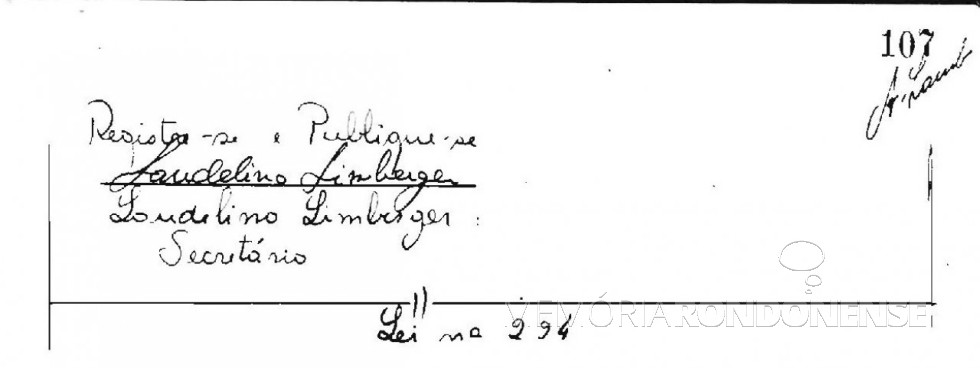 || Cópia da Lei Municipal nº 223/66 (página final), de 19 de agosto de 1966, que criou o Serviço Autônomo de Água e Esgoto de Marechal Cândido Rondon - o SAAE. 
Imagem: Acervo Arquivo da Prefeitura Municipal de Marechal Cândido Rondon. - FOTO 6 -