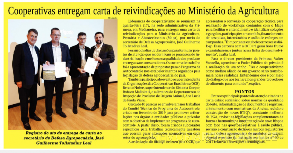|| Recorte informativo do jornal O Presente referente a carta de reivindicações das cooperativas paranaenses para o Ministério da Agricultura, em abril de 2019. 
Imagem: Acervo do Informativo - FOTO 17 -