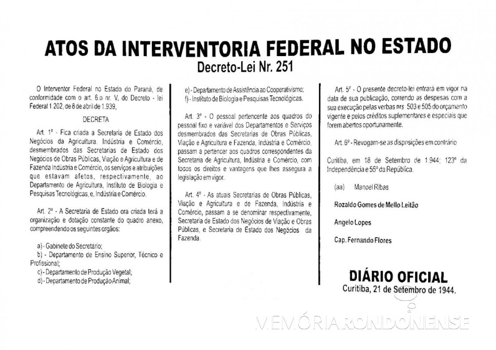 || Cópia do Decreto-lei nº 251/1944 que criou a Secretaria de Estado da Agricultura e do Abastecimento do Paraná (SEAB).
Imagem: Acervo da Secretaria - FOTO 2 -