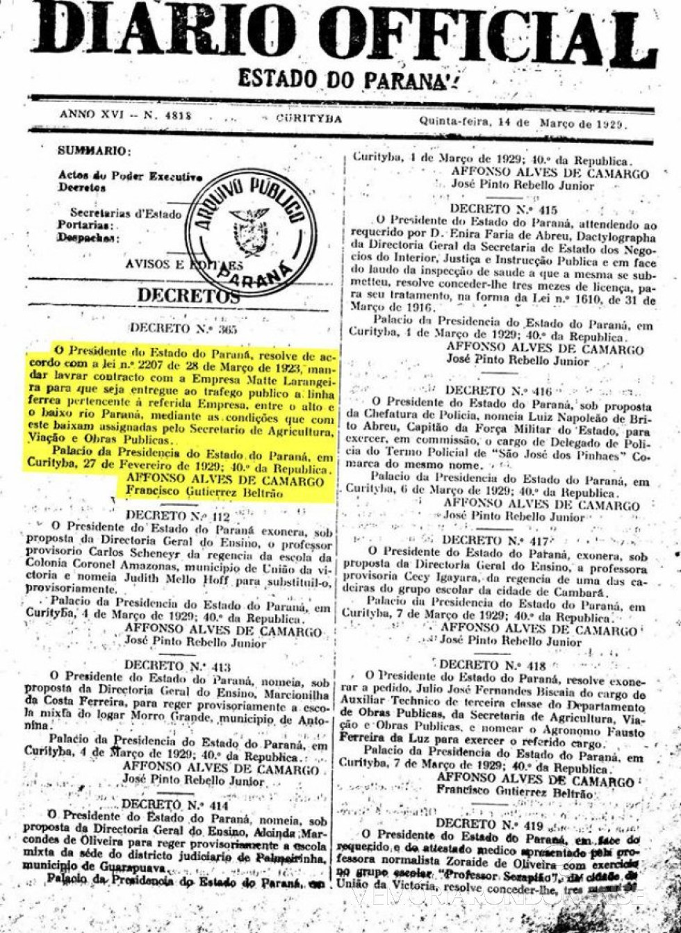 || Primeira página do Diário Oficial do Estado do Paraná que publicou o Decreto 365/29, que trata da abertura da linha férrea Guaíra - Porto Mendes ao acesso público., em fevereiro de 1920.
Imagem: Arquivo Público do Paraná - FOTO 4 - 