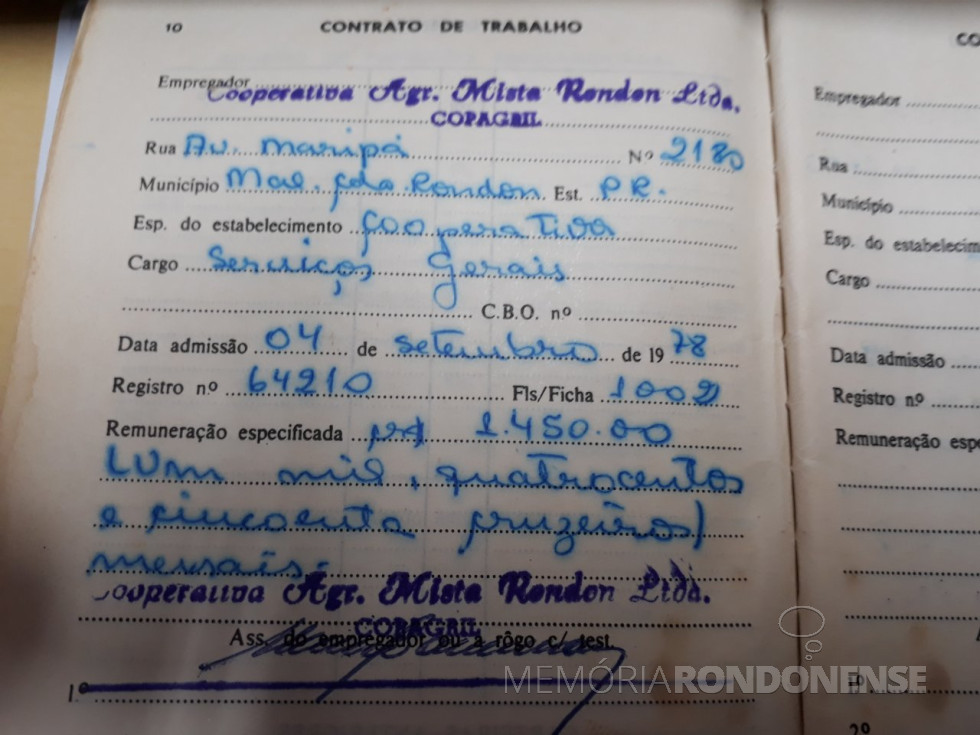 || Registro profissional de Luiz Carlos Rodrigues como funcionário da Copagril, em 04 de setembro de 1978.
Imagem: Acervo pessoal - FOTO 14 -