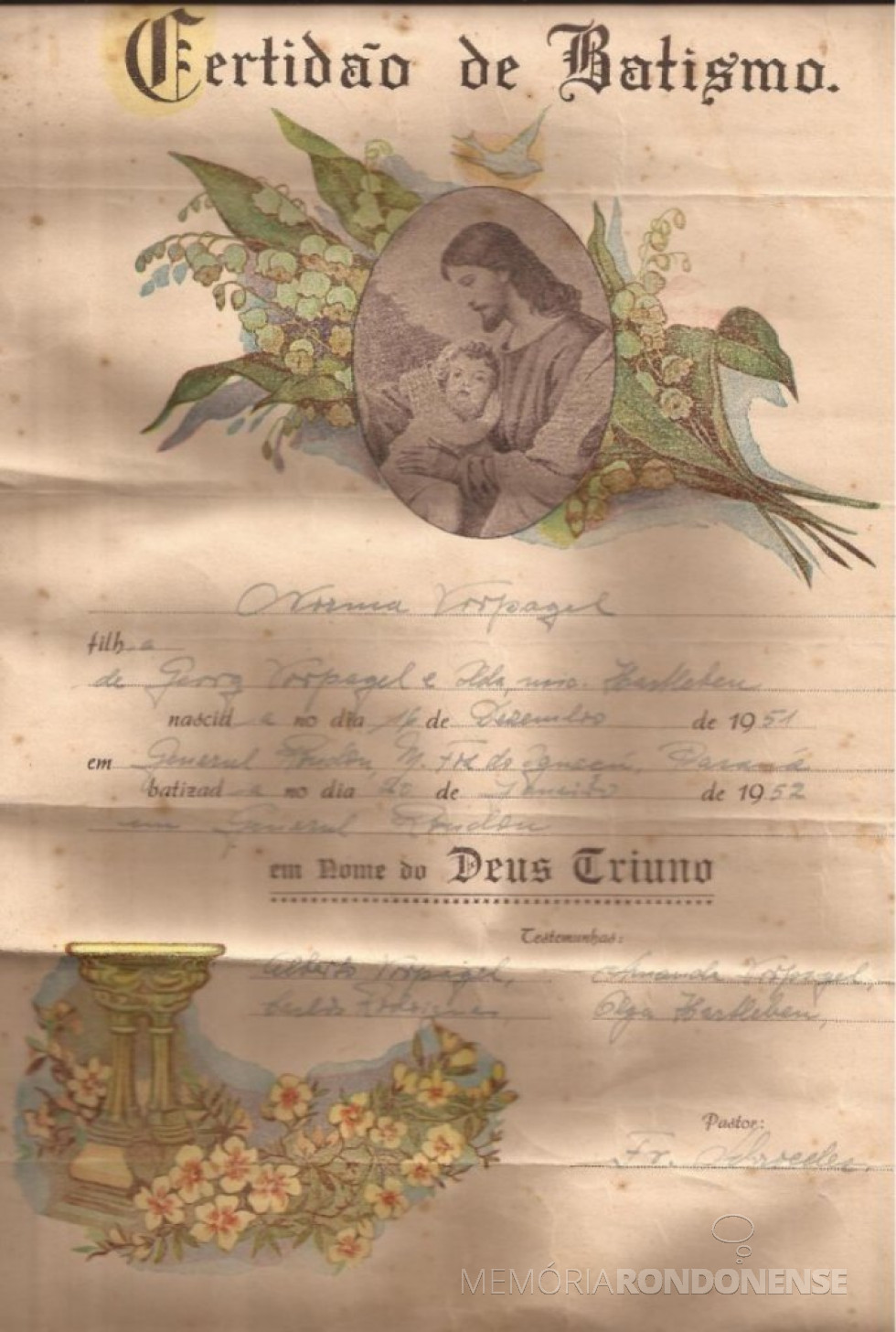 || Certidão de batismo de Norma Vorpagel, primeira batizanda  da Comunidade Cristo (IELB) de Marechal Cândido Rondon, em janeiro de 1952.
Imagem: Acervo Clarice Vorpagel