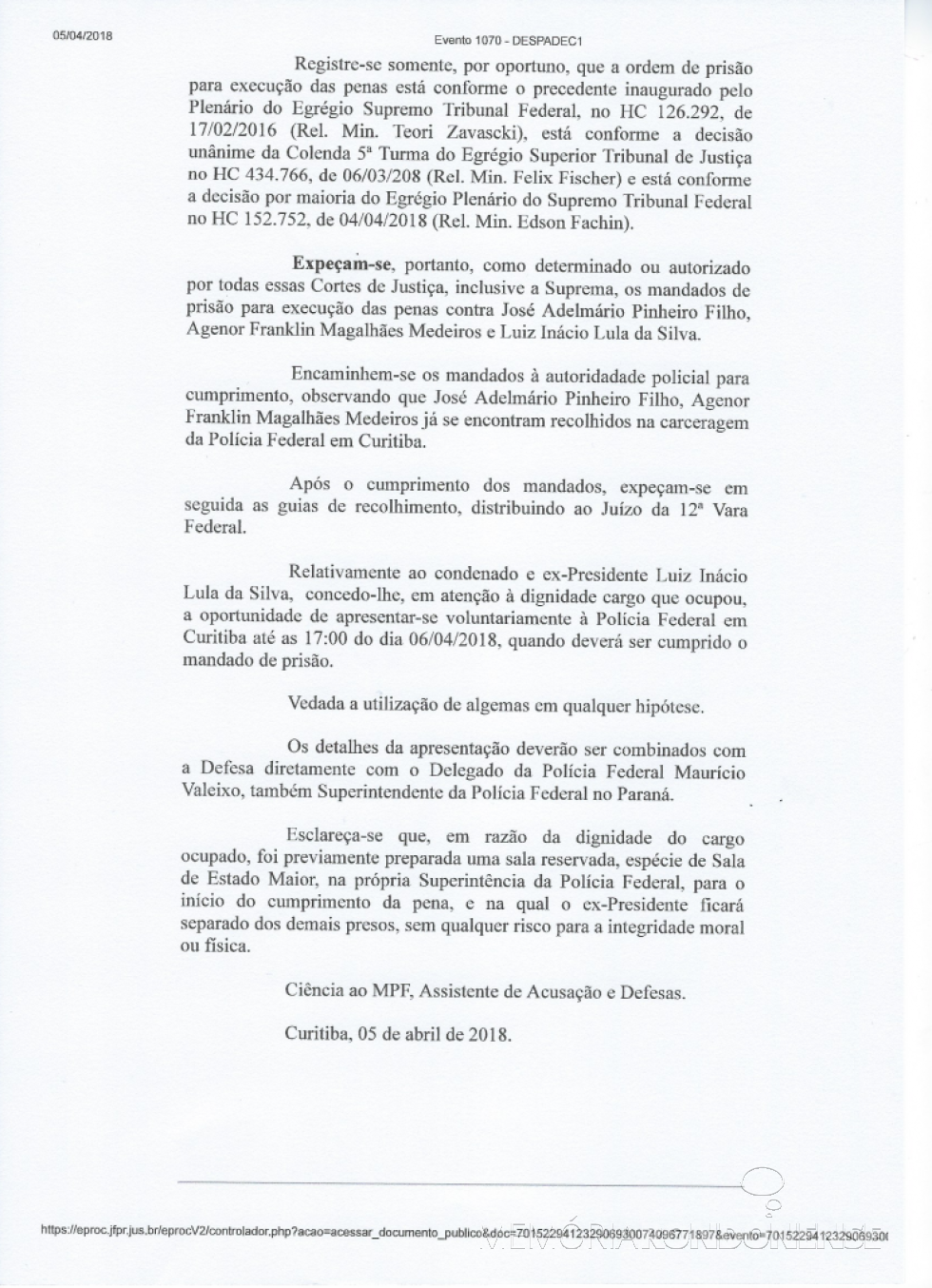 || Despacho decisório (3ª página) de mandado de prisão do ex-presidente Lula. 
Imagem: Acervo da Justiça Federal - 13ª Vara de Curitiba - FOTO 19 - 