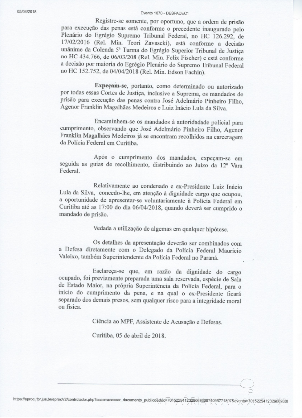 || Despacho decisório (3ª página) de mandado de prisão do ex-presidente Lula. 
Imagem: Acervo da Justiça Federal - 13ª Vara de Curitiba - FOTO 19 -