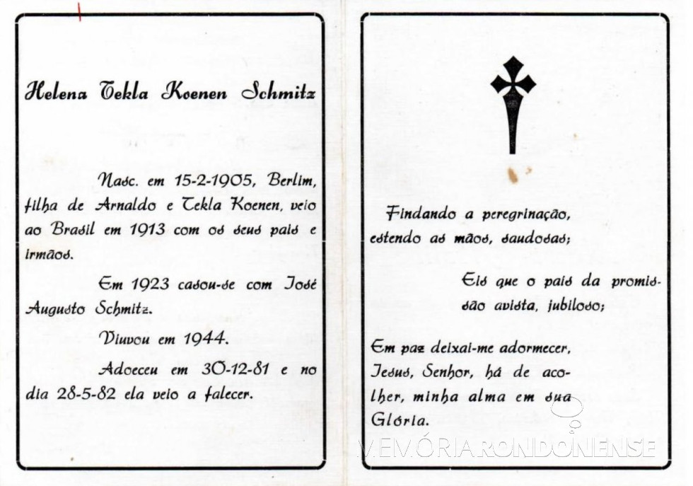 || Obituário de Helena Tekla Koennen Schmitz.
Imagem: Acervo Fred Teodoro Koniecziniak - FOTO 13 -