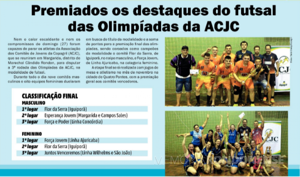 || Recorte do jornal O Presente ref. a premiação das Olimpíadas da ACJC.
Imagem: Acervo O Presente - FOTO 14 - 