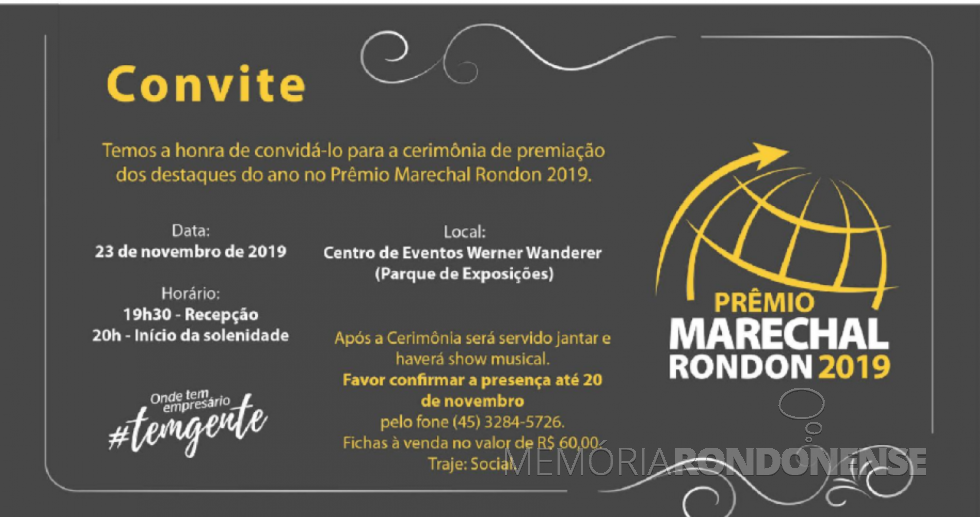 || Convite expedido pela Acimacar para o 23º Prêmio Marechal.
Imagem: Acervo Projeto Memória Rondonense - FOTO 19 -