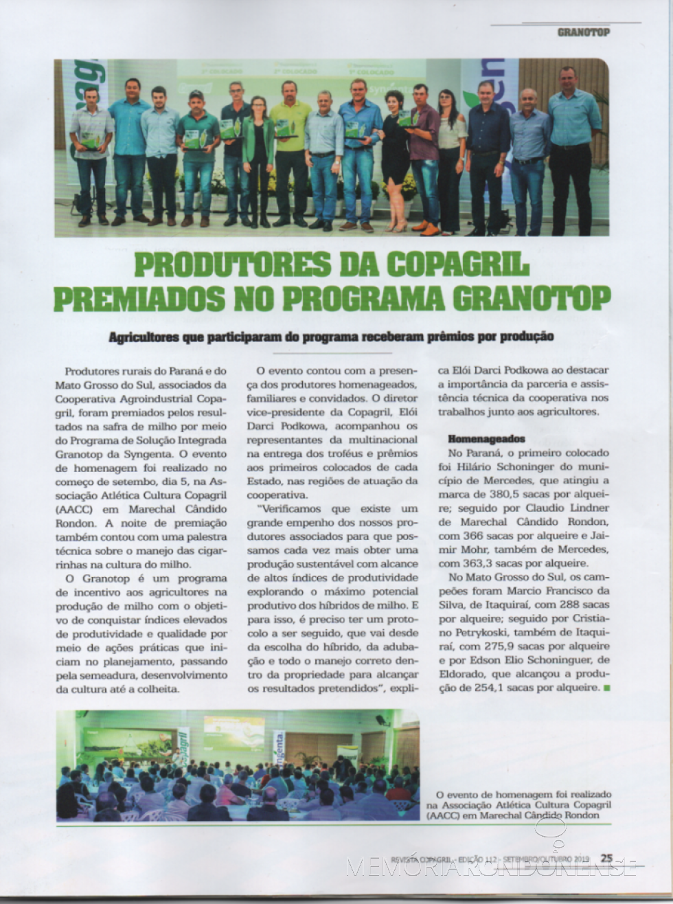 || Recorte da Revista Copagril nº 112 com os premiados do Granotop 2019.
Imagem: Acervo Revista Copagril referida - FOTO 9 -