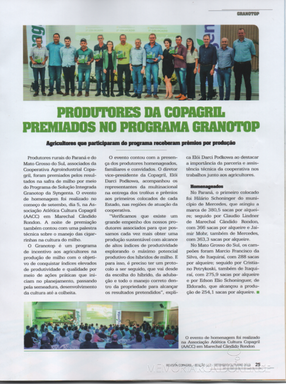 || Recorte da Revista Copagril nº 112 com os premiados do Granotop 2019, em setembro de 2019,
Imagem: Acervo Revista Copagril referida - FOTO 9 -