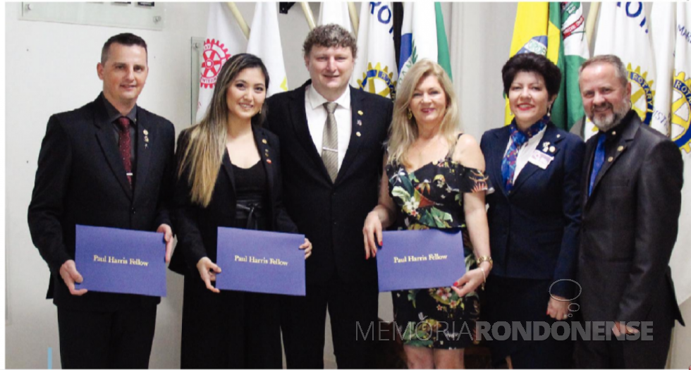 || Rotarianos Guarani homenageados. Da esquerda à direita: Marco Luis Martini, Dione Mieko Chung, presidente Sérgio Alexandre Mundstock, Ivani Maria Herrmann, Josiane de Abreu Wiedmer e Davi Gerson Zimmermann. 
Imagem: Acervo O Presente - FOTO 18 - 