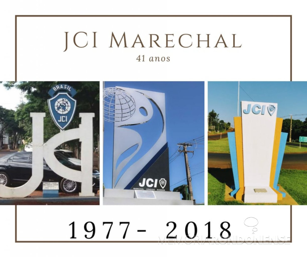 || Primeiro obelisco (e) da JCI no centro da cidade de Marechal Cândido Rondon; o atual (c) localizado na rotatória na confluência das avenidas Irio Jacob Welp e Rio Grande do Sul; e o outro obelisco (d) instalado no espaço do portal de entrada do acesso da BR 163.
Imagem: Acervo Juciane Della Giustina - FOTO 9 -