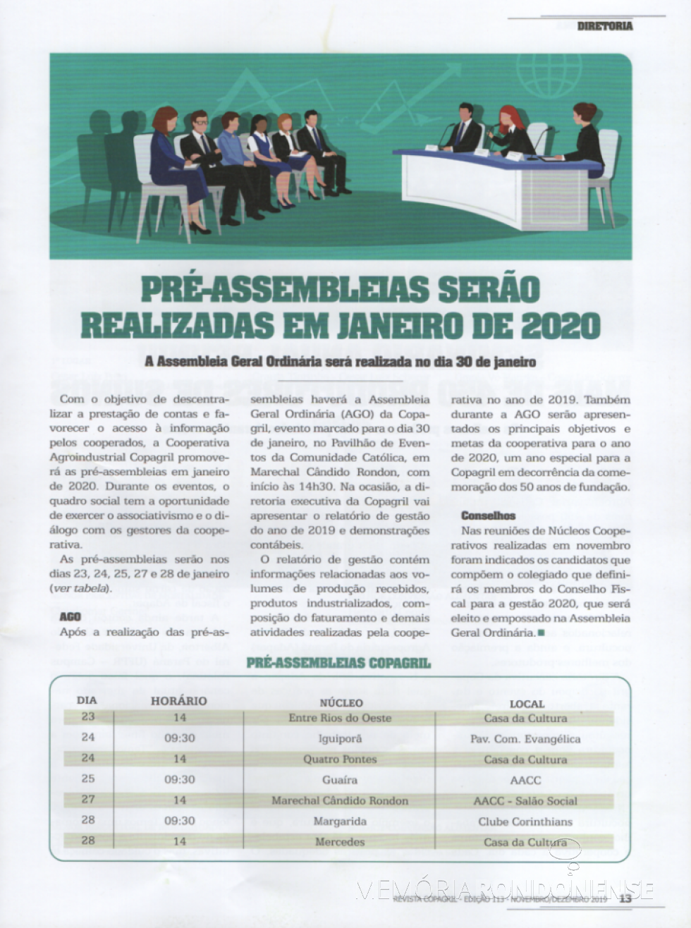 || Destaque da Revista Copagril referente a pré-assembleias 2020.
Imagem: Revista Copagril - edição 113 - FOTO 15 -