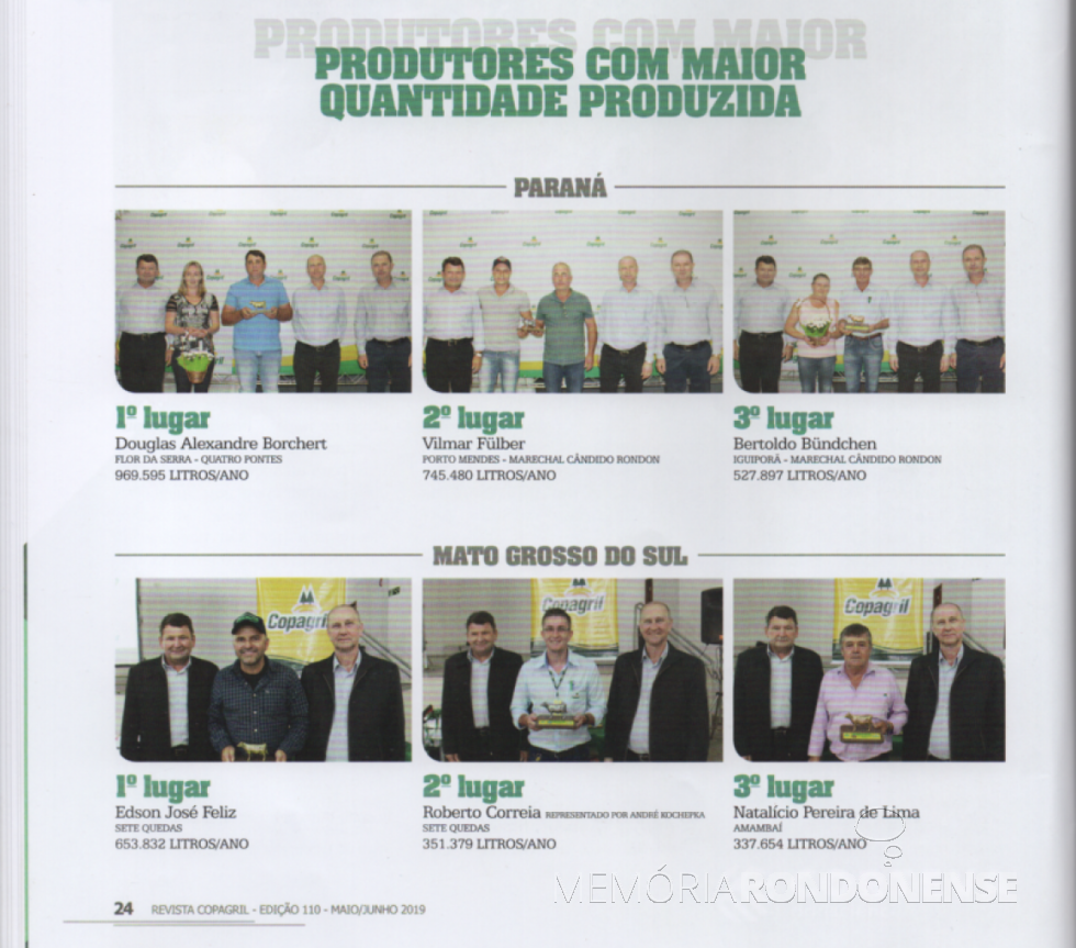 || Produtores de leite premiados no Seminário Anula de Produtores de Leite da Copagril, na categoria de 