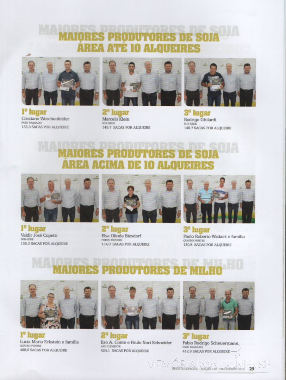 Premiação dos produtores que alcançaram a melhor produtividade de soja e milho, respectivamente, nas categorias envolvidas, na safra 2018/2019.
ImageM; Revista Copagril nº 110 - FOTO 26 -