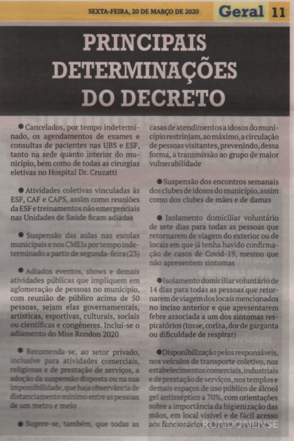 || Recorte do jornal O Presente destacando as principais determinações do Poder Executivo Público de Marechal Cândido Rondon constantes do Decreto nº71/2020 - FOTO 22 -