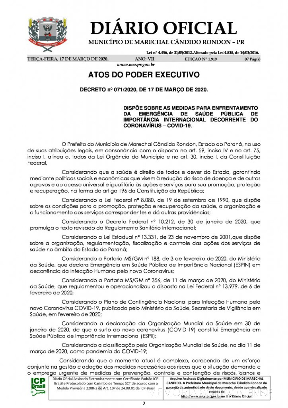 || Página inicial do Decreto nº 071/2020, assinado pelo Poder Executivo de Marechal Cândido Rondon.
Imagem: Acervo Diário Eletrônico do Município - FOTO 16 -