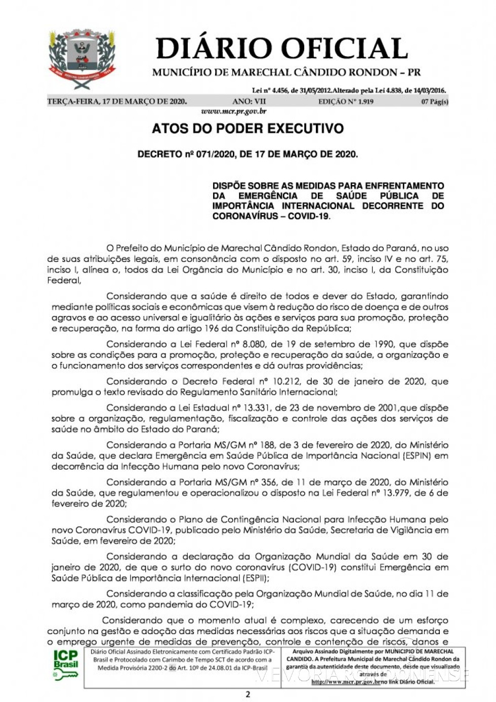 || Página inicial do Decreto nº 071/2020, assinado pelo Poder Executivo de Marechal Cândido Rondon.
Imagem: Acervo Diário Eletrônico do Município - FOTO 15 - 