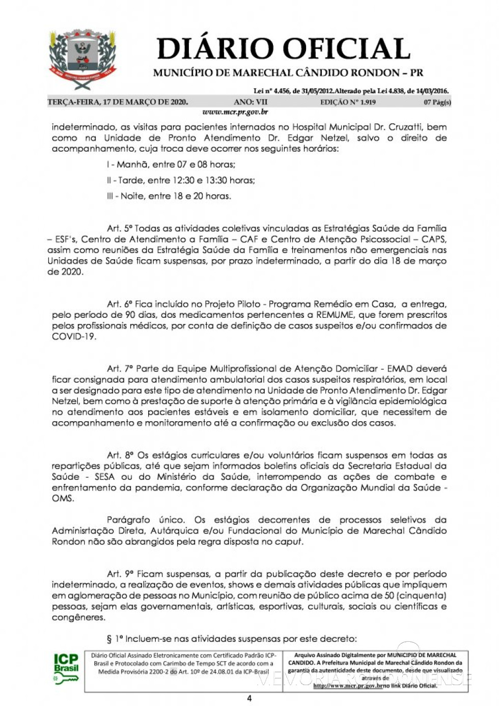|| Página 3 do Decreto nº 071/2020, assinado pelo Poder Executivo de Marechal Cândido Rondon.
Imagem: Acervo Diário Eletrônico do Município - FOTO 18 -