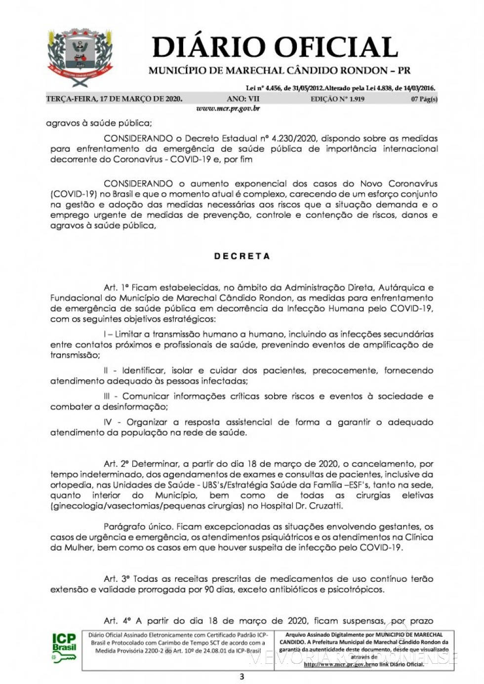 || Página 2 do Decreto nº 071/2020, assinado pelo Poder Executivo de Marechal Cândido Rondon.
Imagem: Acervo Diário Eletrônico do Município - FOTO 16 - 