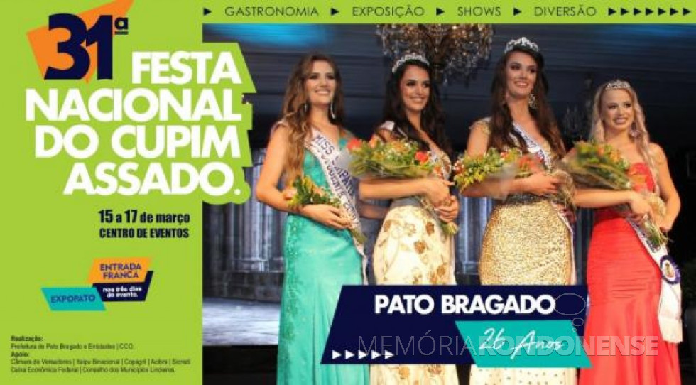 || Convite para as comemorações do 26º aniversário do município de Pato Bragado, em março de 2019.
Imagem: Acervo Projeto Memória Rondonense - FOTO 22 -