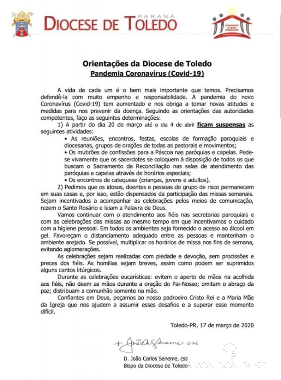 || Nota da Diocese de Toledo referente à pandemia de Covid-19, em março de 
Imagem:  Acervo Projeto Memória Rondonense - FOTO 22 - 