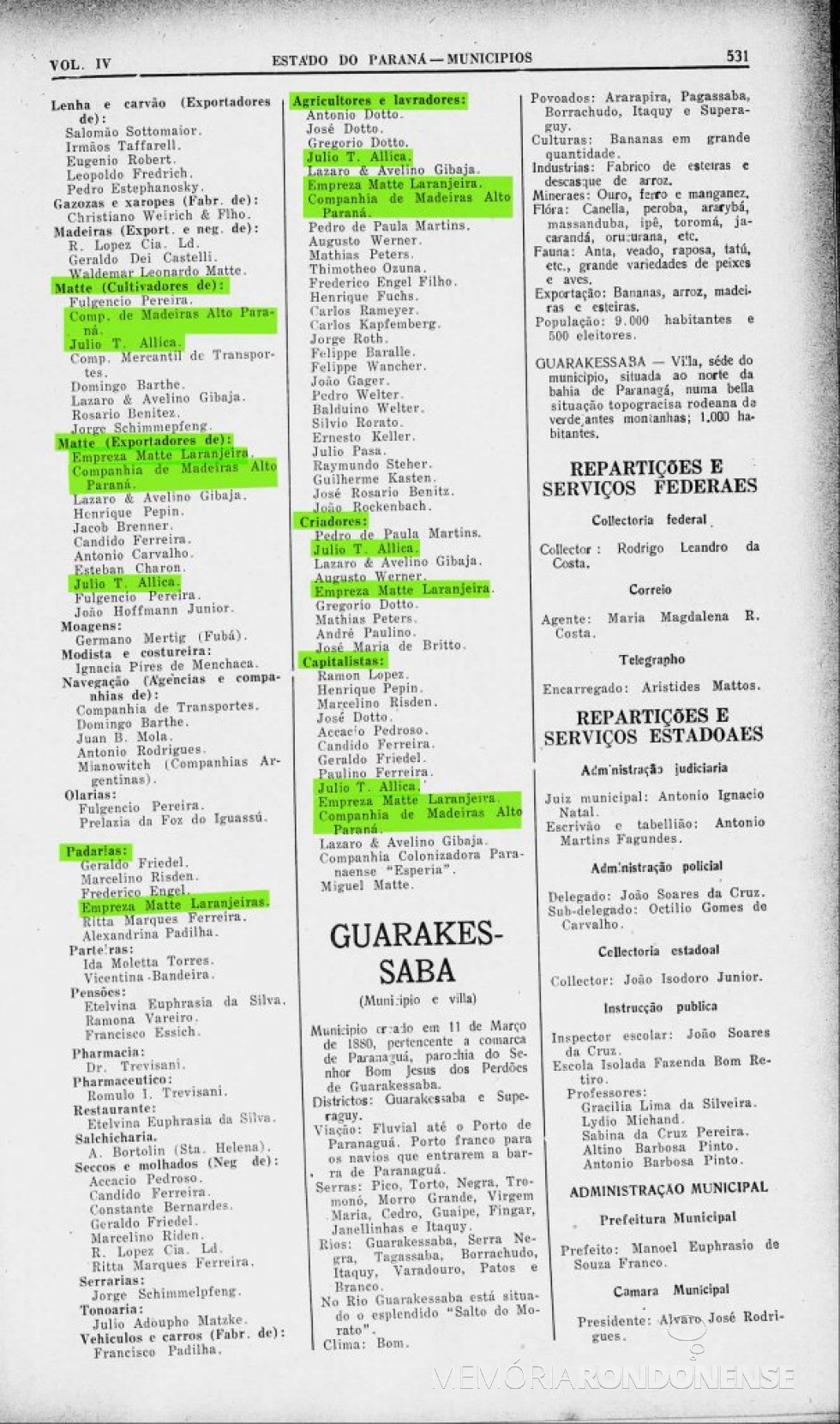 || Página 532 do Almanak Laemmert com a parte final da publicação do Censo 1930 de Foz do Iguaçu.
Imagem: Acervo Biblioteca Nacional - FOTO 4 -