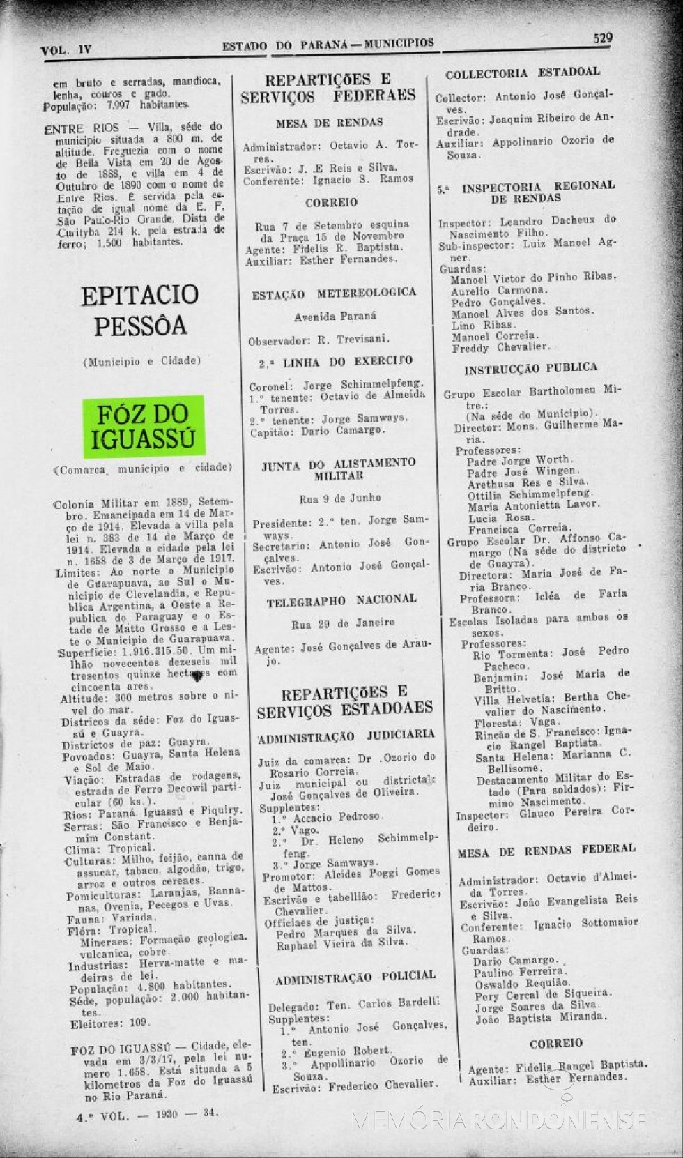 || Página 530 do Almanak Laemmert  com a 1ª parte do Censo 1930 de Foz do Iguaçu.
Imagem: Arquivo Biblioteca Nacional - FOTO 2 - 