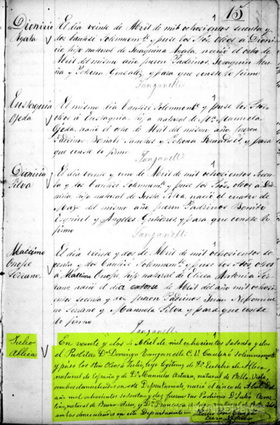 || Página do livro com o registro de batismo de Julio T. Allica. 
Imagem: Acervo Heinz Schmidt - Cascavel (PR). -- FOTO 2 -